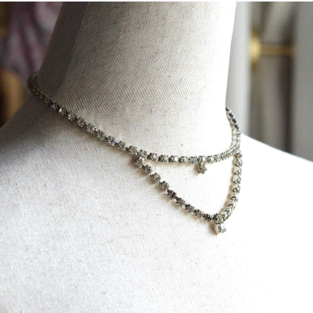 Vintage Rhinestone Festoon Necklace, Mid Century Double Strand Draped Choker